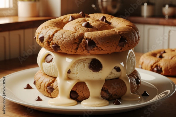 Fototapeta Delicious chocolate chip cookie ice cream sandwich with melted drizzle in cozy kitchen setting
