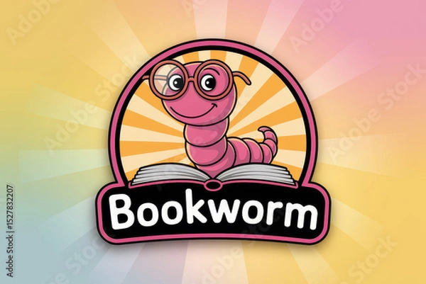 Fototapeta Colorful cartoon bookworm logo with glasses on open book and sunburst background