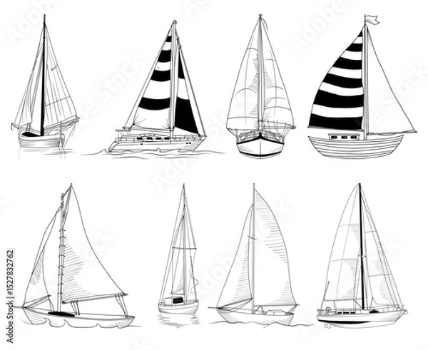 Fototapeta Set of hand drawn vector line drawn yachts, isolated marine transport, line drawing Sailboat illustration