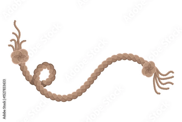 Fototapeta Hanging rope with tassel and node. Knitted nautical thread or marine vertical fiber. Textile tassel hang at rope isolated on white background. Vector illustration