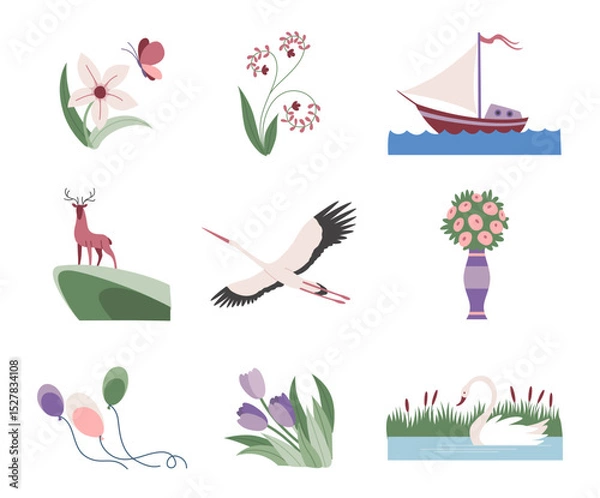 Fototapeta Postage stamp, icon set. Hand drawn design, concept of travel. Retro postcard stickers, flat color vector illustration isolated on background