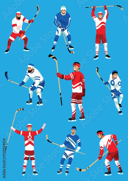 Fototapeta Hockey players. Ice hockey team sport, men with hockey sticks. Sportsman with helmet in cartoon flat style. Vector illustration isolated on white background