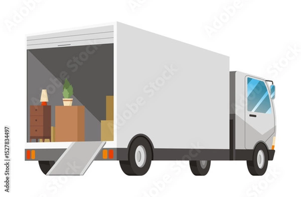 Fototapeta Moving service truck. Delivery loader with furniture. Unloading van on new home address, supplies logistic transportation. Cartoon vector illustration