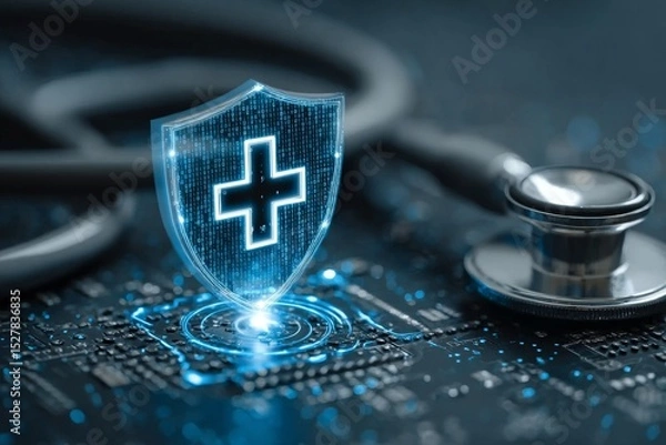 Fototapeta Modern Healthcare Technology with Glowing Shield, Emphasizing Digital Security for Medical Data