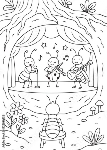 Fototapeta Coloring book three happy insects performing on a stage set within a tree trunk