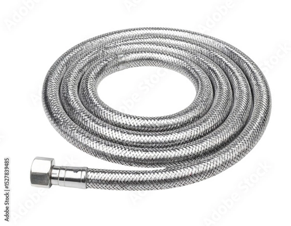 Fototapeta A coiled stainless steel braided hose with a metal fitting designed for flexible, durable fluid or gas connections.