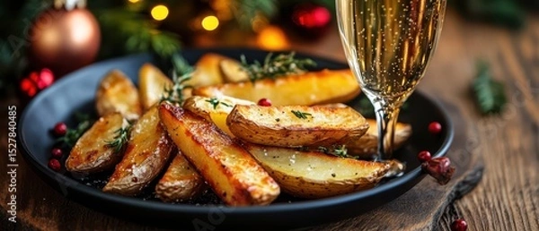 Obraz Background shot of baked potato wedges as side dish and champagne glass with sparkling drink served on festive dining table on Christmas Eve