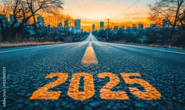 Obraz way to success, 2025 on the road in the middle of asphalt long road at sunset with beautiful natural
