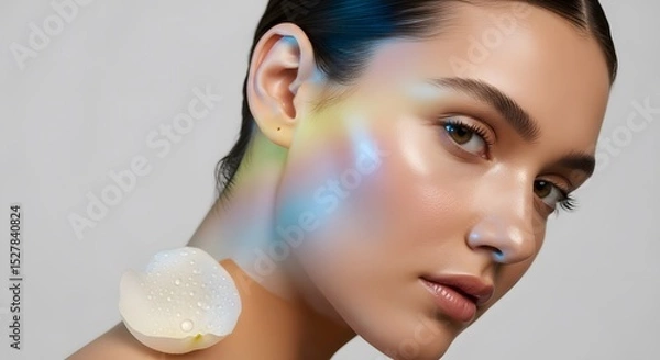 Fototapeta  iridescent skin and Petal: A young woman with iridescent makeup and a translucent petal on her shoulder. Her expression is serene and captivating. The image is visually striking.