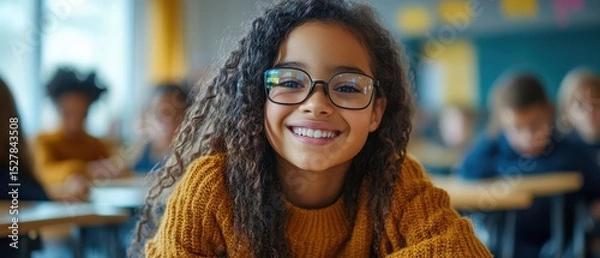 Obraz A happy young mixed-race school student in a wheelchair, engaging with a futuristic holographic touchscreen, in a bright modern classroom filled with diverse students. 