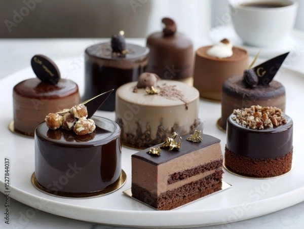 Obraz White plate with a variety of chocolate desserts, including cakes and tarts