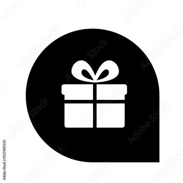 Obraz Illustration of a white gift box with a bow inside a black rounded shape with a pointed end on a white background