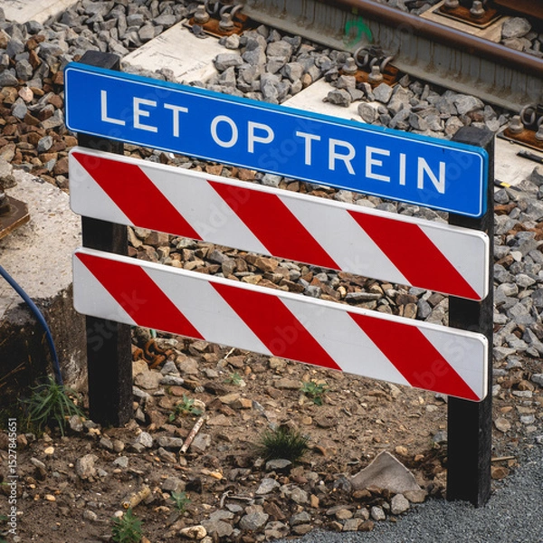 Fototapeta Warning sign for trains, at Central station The hague, Netherlands. June 4, 2025