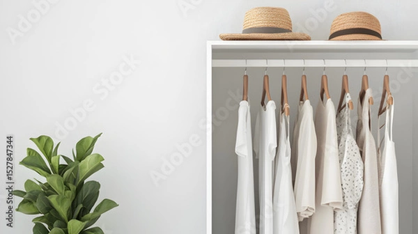 Fototapeta Minimalist Closet: A serene and inviting closet space, featuring an array of neutral-toned clothing on wooden hangers, topped by stylish hats and an indoor plant.