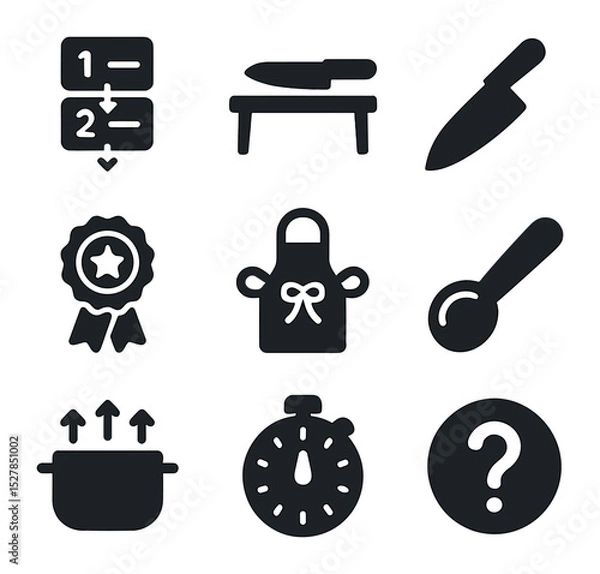 Fototapeta Culinary Training Icons. Solid, filled icons set of beginner culinary training: step-by-step icon, prep table,