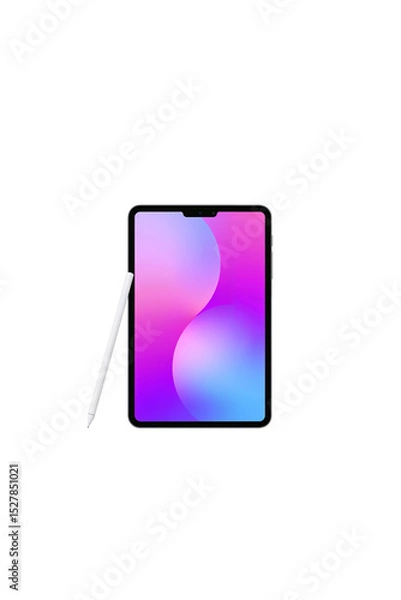 Fototapeta Tablet device with colorful screen and stylus pen on a black background in a studio shot on transparent background