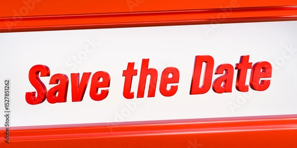 Fototapeta Save the date. Shiny metallic banner in red. Meeting, appointment, event, deadline, reminder, arrangement. 3D illustration