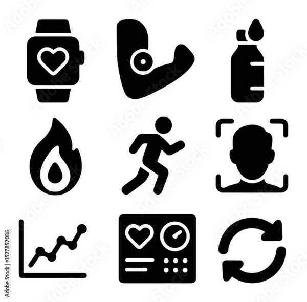Fototapeta Quantified Self Icons. Solid, filled icons set of quantified self tracking: smart watch, blood glucose sensor,