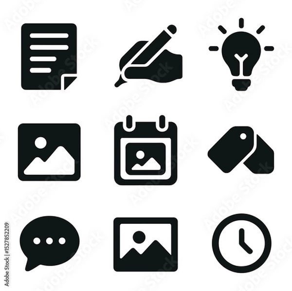 Fototapeta Blog Icon Set. Solid, filled icons set of blog content creation: blog post icon, writing hand, idea bulb,