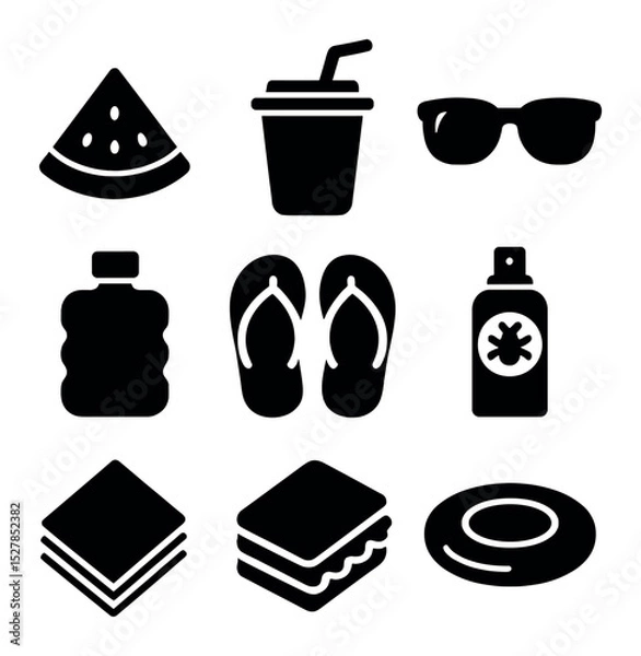 Fototapeta Summer Picnic Icons. Solid, filled icons set of summer picnic essentials: watermelon slice, juice cup,