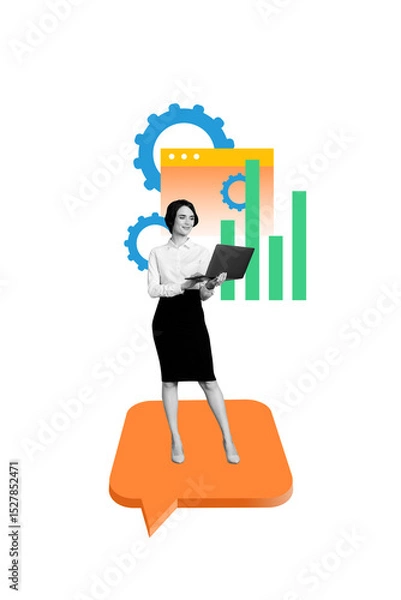 Fototapeta Template collage design trend artwork 3D sketch of young lady stand hold laptop gear website page quote trade target success charts stats