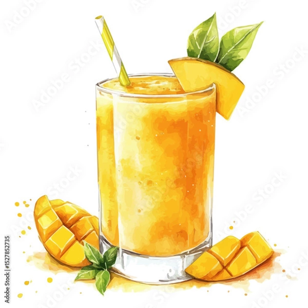 Fototapeta Mango Smoothie, watercolor illustration vector, high quality, isolated on a white background.