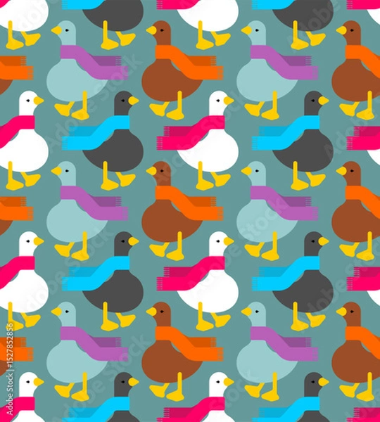 Fototapeta Goose in scarf pattern seamless. White goose in red scarf background. Ornament of kids fabric
