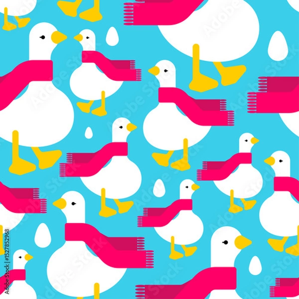 Fototapeta Goose in scarf pattern seamless. White goose in red scarf background. Ornament of kids fabric