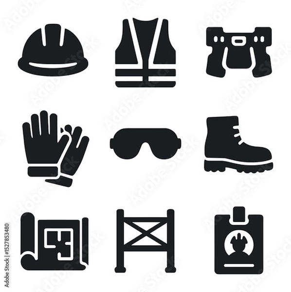 Fototapeta Construction Icons Grid. Solid, filled icons set of building site workers: hard hat, safety vest, toolbelt,
