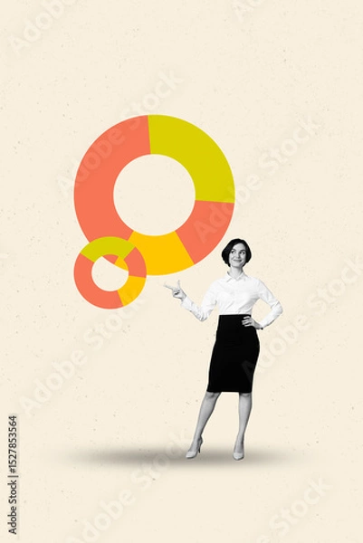 Fototapeta Trend artwork composite photo collage design of analyzing goal business graphics trader young lady stand hand gesture finger point diagram