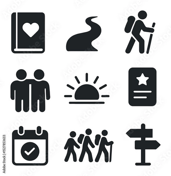 Fototapeta Shared Growth Icons. Solid, filled icons set of shared personal development journeys: journal, path icon,