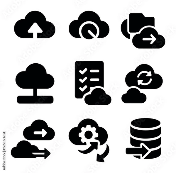 Fototapeta Cloud Migration Icons. Solid, filled icons set of cloud migration process: upload arrow, progress cloud, file