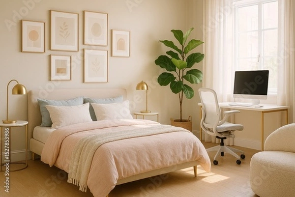 Fototapeta Cozy modern guestroom with soft tones and stylish decor