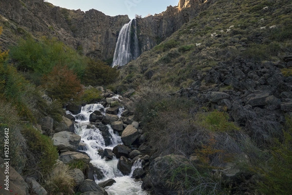 Fototapeta La Fragua waterfall low angle view with some goats eating grass around. Tourist destination in Neuquen, Patagonia, Argentina