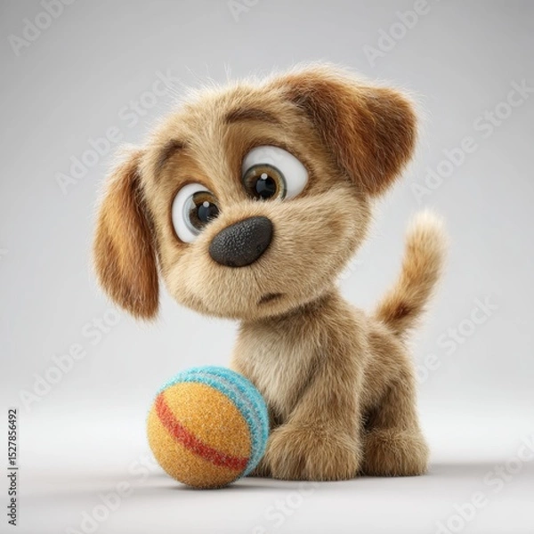 Fototapeta Cute and Playful Cartoon Puppy with Large Eyes and Colorful Ball on Soft Gray Background