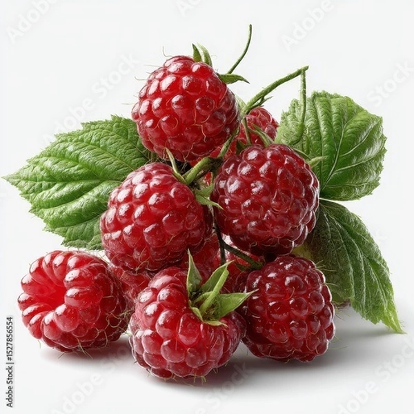 Fototapeta Fresh Red Raspberries with Green Leaves on a Light Background for Healthy Food and Culinary Inspiration