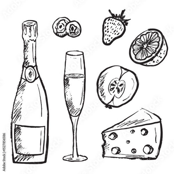 Fototapeta Champagne bottle with drinking glass, blueberry, strawberry, cheese and apple in black brush stroke texture isolated on white. Hand drawn vector sketch illustration in vintage charcoal ink
