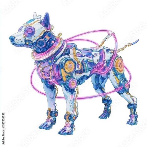 Fototapeta Futuristic Robotic Dog with Neon Lights and High-Tech Features in Vibrant Colors