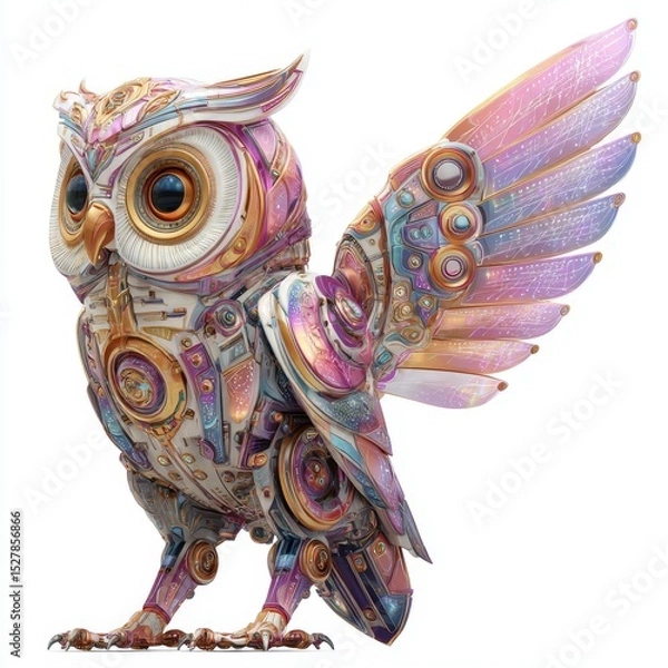 Fototapeta Futuristic Mechanical Owl with Colorful Feathers and Intricate Details in a Whimsical Steampunk Design