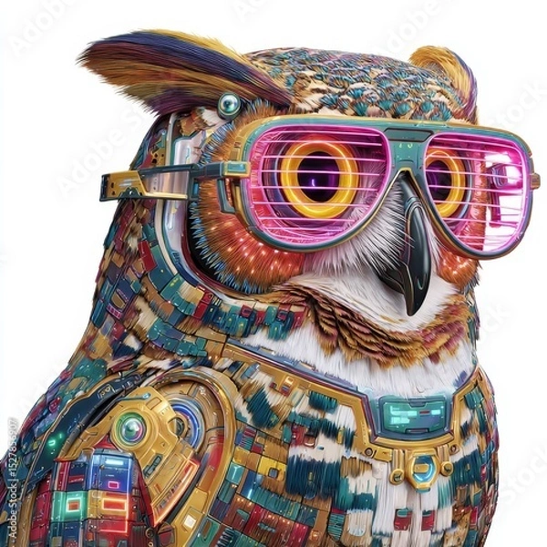 Fototapeta Stylish Owl with Colorful Accessories and Futuristic Tech Elements Showcasing Whimsical Character and Unique Design