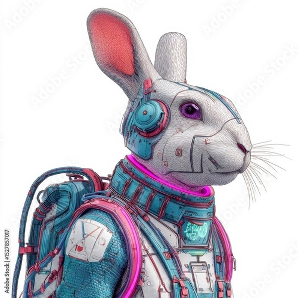 Fototapeta Futuristic Rabbit in Cybernetic Suit with Headphones and Neon Accents in Science Fiction Environment