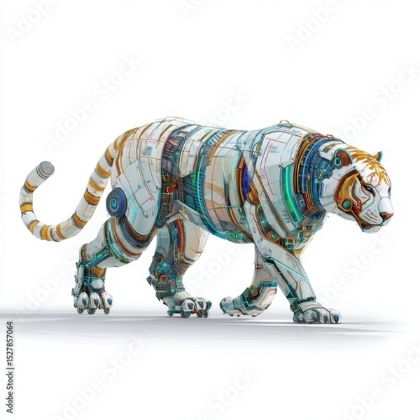 Fototapeta Futuristic Robotic Tiger Walking with Colorful Circuit Patterns and Technological Design Elements in a Minimalistic Background