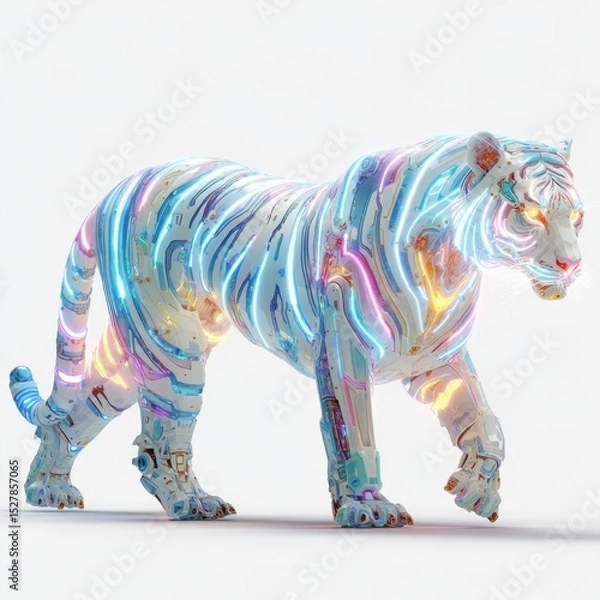 Fototapeta Abstract depiction of a glowing digital white tiger showcasing vibrant colors and intricate patterns against a clean backdrop