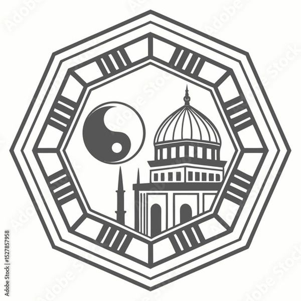 Obraz Vector illustration of ancient European architecture featuring a church, temple, and castle designs