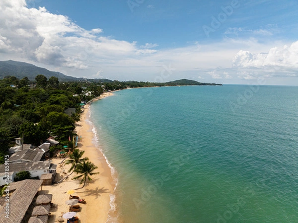 Fototapeta Tropical sandy beach with turquoise sea and palm trees along the shore under a bright sky. Koh Samui, Thailand.