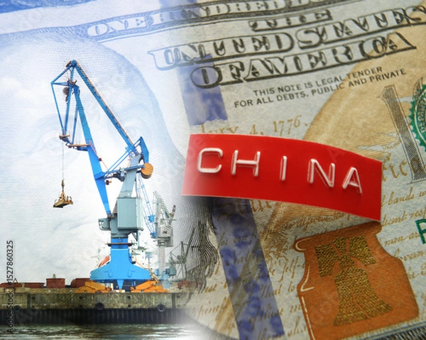 Obraz China label on a US hundred dollar bill and a crane at a port