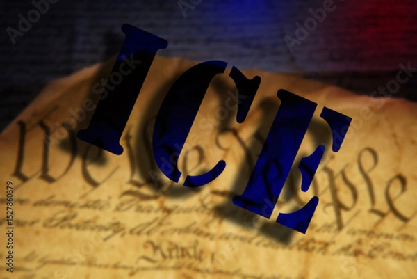 Obraz ICE - Immigration and Customs Enforcement - text over We The People text on the US Constitution