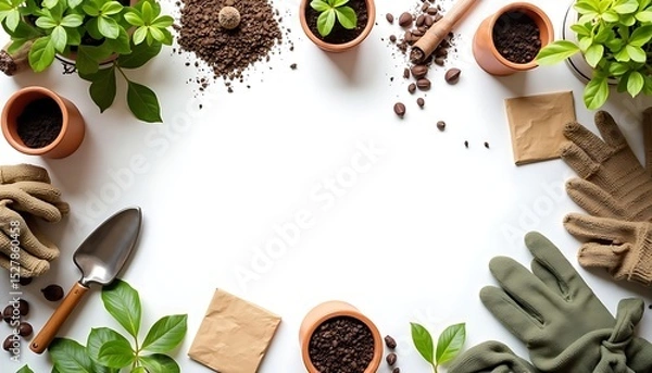 Fototapeta Gardening Tools and Plants Arranged on White Background for Planting