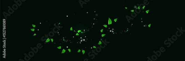 Fototapeta Green shiny line spiral spring wind effect with dust particles and leaves particles on black background. Concept of freshness, growth, spring, summer and ecology.