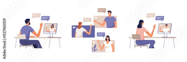 Obraz Young people communicate online using desktop computers or mobile devices. Concept of video call conference, remote working from home or online meeting. Vector illustration.